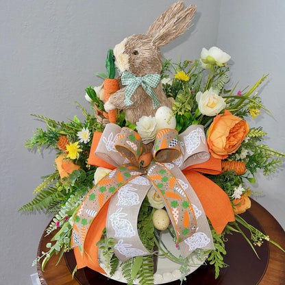 Easter Table Decor, floral centerpiece with Easter bunny, Farmhouse-style Easter table decorations, Rustic Easter bunny decor ideas