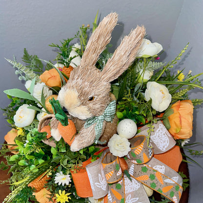 Easter Table Decor, floral centerpiece with Easter bunny, Farmhouse-style Easter table decorations, Rustic Easter bunny decor ideas