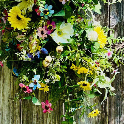 Farmhouse Wildflower Floral Wreath for Front Door, Rustic Floral Porch Decorations. Office Decor or Mother's Day Gift, Indoor Summer Decor