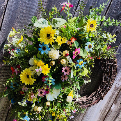 Farmhouse Wildflower Floral Wreath for Front Door, Rustic Floral Porch Decorations. Office Decor or Mother's Day Gift, Indoor Summer Decor