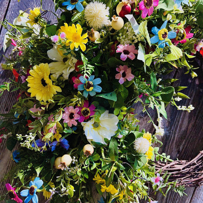 Farmhouse Wildflower Floral Wreath for Front Door, Rustic Floral Porch Decorations. Office Decor or Mother's Day Gift, Indoor Summer Decor