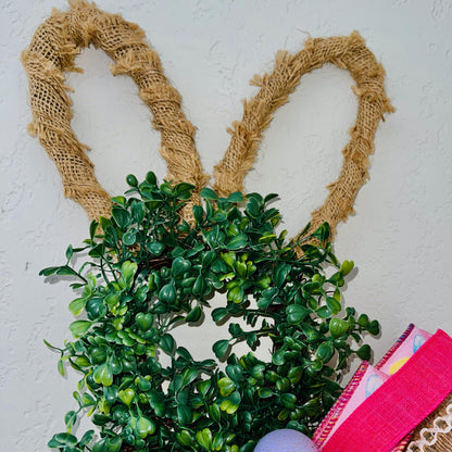 Easter Bunny wreath for font door, Rustic spring bunny for home decor, Farmhouse-style Easter door decor, Boxwood greenery, Easter Ideas