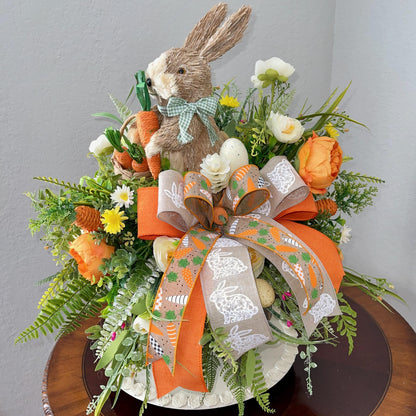 Easter Table Decor, floral centerpiece with Easter bunny, Farmhouse-style Easter table decorations, Rustic Easter bunny decor ideas