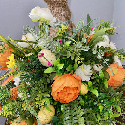 Easter Table Decor, floral centerpiece with Easter bunny, Farmhouse-style Easter table decorations, Rustic Easter bunny decor ideas