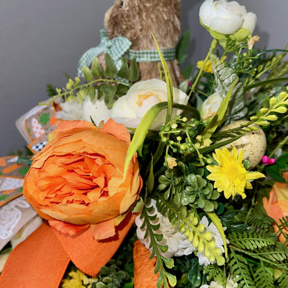 Easter Table Decor, floral centerpiece with Easter bunny, Farmhouse-style Easter table decorations, Rustic Easter bunny decor ideas