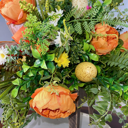 Easter Table Decor, floral centerpiece with Easter bunny, Farmhouse-style Easter table decorations, Rustic Easter bunny decor ideas