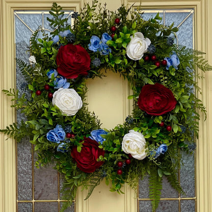 Patriotic Wreath for front door, Fourth of July Decor, RV Wreath, Candle Ring, Red, White & Blue Decorations. USA Door Hanger, Home Decor