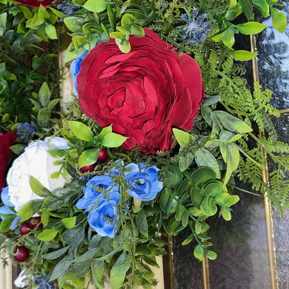 Patriotic Wreath for front door, Fourth of July Decor, RV Wreath, Candle Ring, Red, White & Blue Decorations. USA Door Hanger, Home Decor
