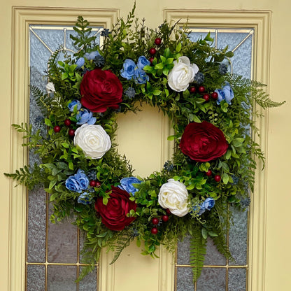 Patriotic Wreath for front door, Fourth of July Decor, RV Wreath, Candle Ring, Red, White & Blue Decorations. USA Door Hanger, Home Decor