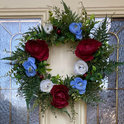 Patriotic Wreath for front door, Fourth of July Decor, RV Wreath, Candle Ring, Red, White & Blue Decorations. USA Door Hanger, Home Decor