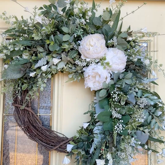 Ivory Peony & Greenery Grapevine Wreath – Elegant Neutral Spring Front Door Decor