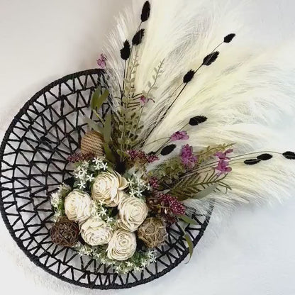 Boho Wreath for Front Door. Wall Art Decorations with Pampas Grass, Black Basket, Neutral Decor, Minimalist Boho Home Wall Decorations