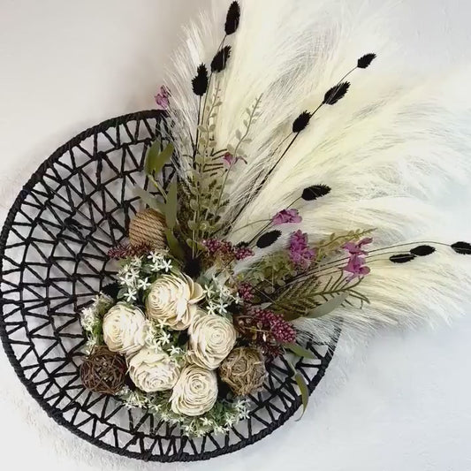Boho Wreath for Front Door. Wall Art Decorations with Pampas Grass, Black Basket, Neutral Decor, Minimalist Boho Home Wall Decorations