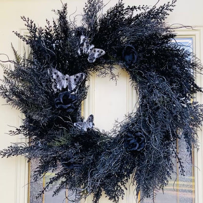 Black Gothic Halloween Wreath with Roses & Butterflies | Spooky Haunted House Front Door Decor