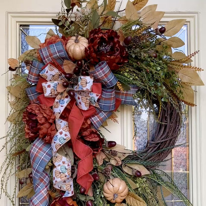 Fall Wreath with Pumpkins and Rust Peonies – Cascading Greenery Autumn Wreath for Front Door