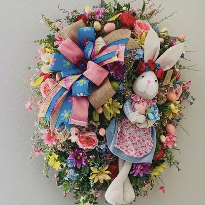 Easter Bunny Wreath with Spring Florals Seasonal Home Décor for Entryway Indoor Office Decorations for Front Door Bunny Rabbit Decorations