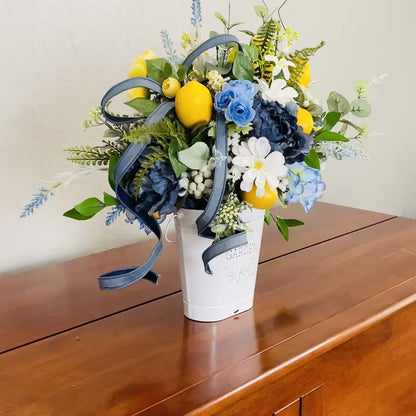 Farmhouse Lemon & Blue Floral Arrangement – Rustic Summer Centerpiece – Kitchen Table Décor