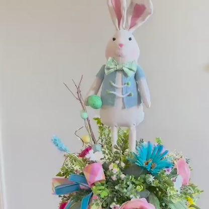Bunny Rabbit Candlestick Centerpiece with Spring Flowers for mantle, entryway, or tabletops, Rustic Easter Decorations for Office Home Decor