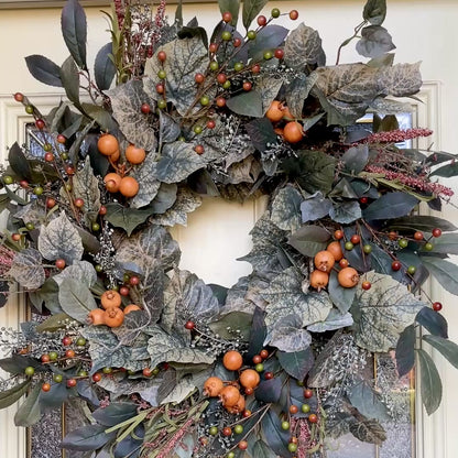 Frosted Green and Orange Berry Fall Wreath – Neutral Autumn Wreath f