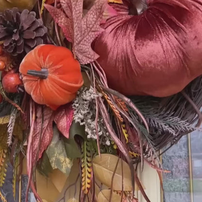 Handmade Fall Grapevine Wreath with Velvet Pumpkins and Autumn Plaid Bow – Rustic Farmhouse Door Decor