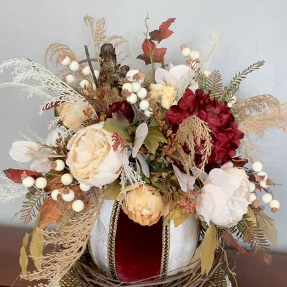 Burgundy & Gold Velvet Pumpkin Arrangement – Elegant Fall Floral Centerpiece for Thanksgiving & Autumn Decor