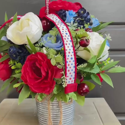 Patriotic Floral Arrangement in Rustic Tin Bucket