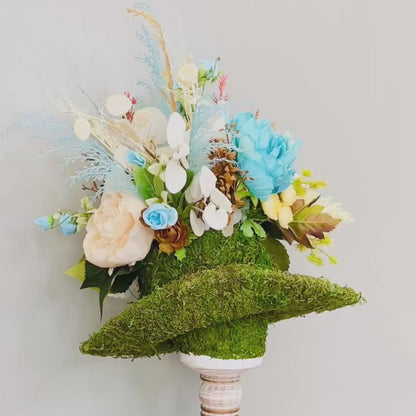Moss Hat Candlestick Arrangement | Rustic Western Floral Centerpiece with Turquoise Peonies & Roses