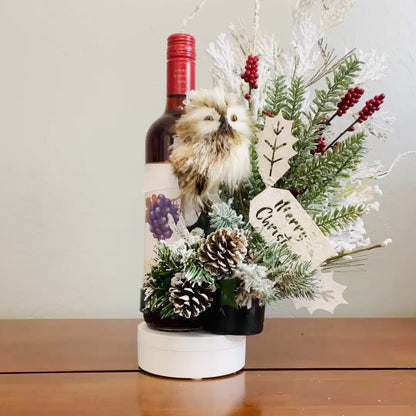 Holiday Wine Bottle Arrangement with Owl – Rustic Christmas Gift for Teachers, Coworkers & Friends