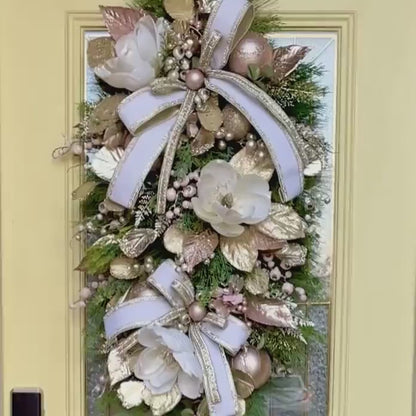 Elegant Magnolia Christmas Swag for Home or Office Decorations or Holiday Decor with Designer Farrisilk White Velvet Rhinestone Ribbons