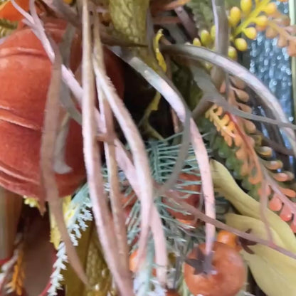 Velvet Pumpkin Fall Wreath with Plum & Burgundy Leaves | Farmhouse Thanksgiving Front Door Decor