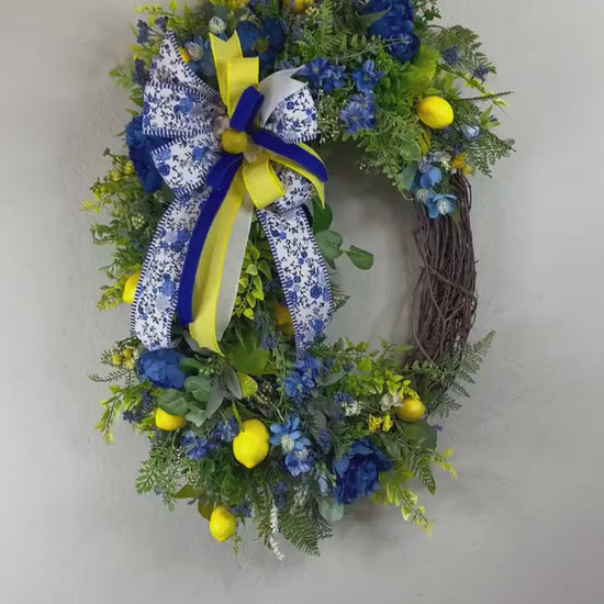 Lemon Wreath Rustic Farmhouse Blue Peonies Kitchen Decor Front Door Home Decor  Florals Handmade Porch Decor Blue and Yellow Summer