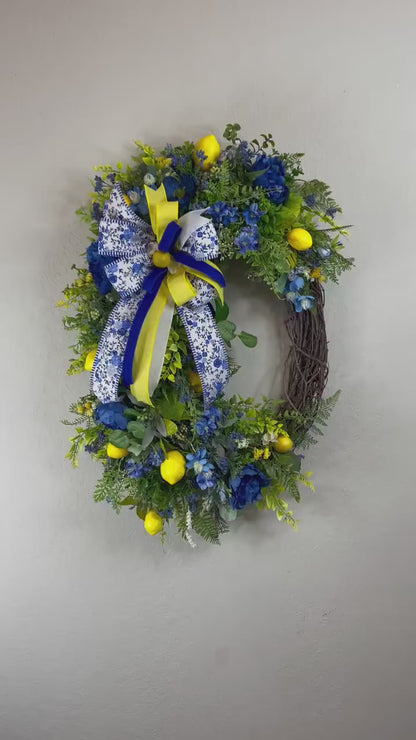 Lemon Wreath Rustic Farmhouse Blue Peonies Kitchen Decor Front Door Home Decor  Florals Handmade Porch Decor Blue and Yellow Summer