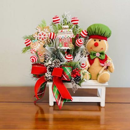 Gingerbread Boy & Peppermint Christmas Centerpiece — Cookie House, Red/Green Plaid Bow (Table, Island, or Entry)