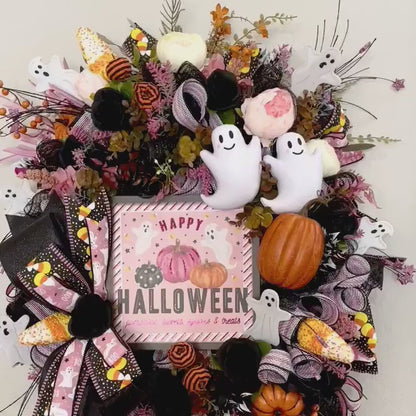 Halloween Wreath for Front Door with Ghosts and Pink Accents Halloween  Office Decor Party Decor Ghost Decorations Holiday Wall Art