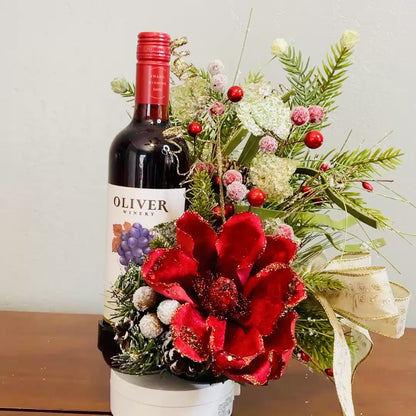 Holiday Wine Bottle Centerpiece – Christmas Floral Gift for Teacher or Coworker | Elegant Red Velvet Flower Arrangement for Home or Office