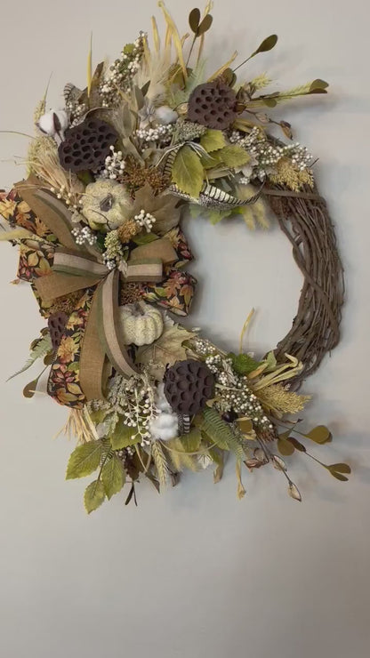 Fall Wreath for Front Door  Natural Farmhouse Living Room Office Decor Pumpkins Front Porch Rustic Autumn Home Decorations