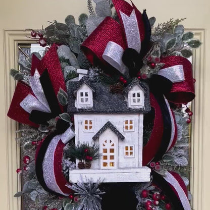 Christmas Swag Lighted Black White House Icy Greenery Glittered Red White Black Velvet Bow Holiday Decorations Office Decor Gift Ideas