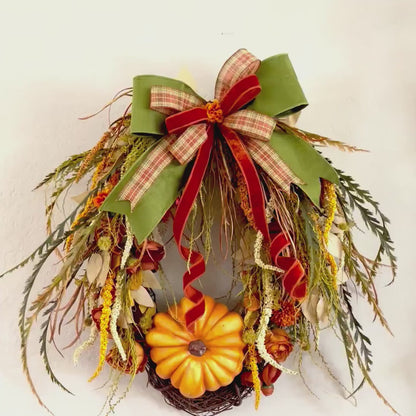 Fall Wreath for Front Door Thanksgiving or Office Decorations Autumn Florals with Designer Bow Handmade Home  Decor with Autumn Pumpkins