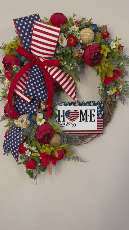 Patriotic Red White & Blue USA Wreath with American Home Sign for #FrontDoor Memorial Day #4thofjulydecor American Flag #PatrioticDecor #USA