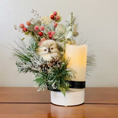 Holiday Wine Bottle Arrangement with Owl – Rustic Christmas Gift for Teachers, Coworkers & Friends