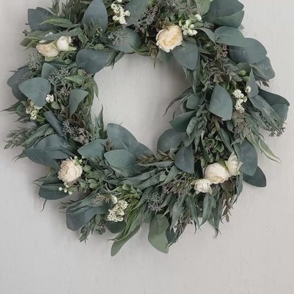 Everyday Wreath for Front Door Eucalyptus Wreath With Cream Florals Greenery Modern Farmhouse Decor Office Decorations Spring Summer Decor