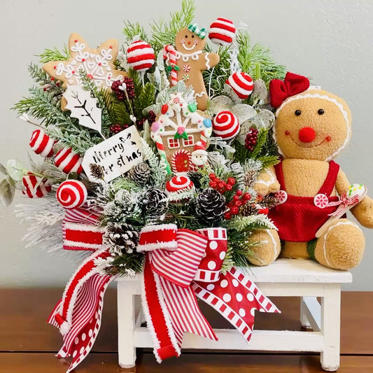 Gingerbread & Peppermint Christmas Centerpiece — Gingerbread Girl, Cookie House, Red-White Bow (Kitchen Table or Entry)