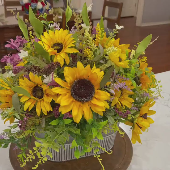 Sunflower Arrangement in Tin Bucket with Purple Florals for summer or fall  Decor Patio Decorations Sunflowers Rustic Wedding Office Decor