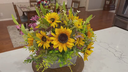 Sunflower Arrangement in Tin Bucket with Purple Florals for summer or fall  Decor Patio Decorations Sunflowers Rustic Wedding Office Decor