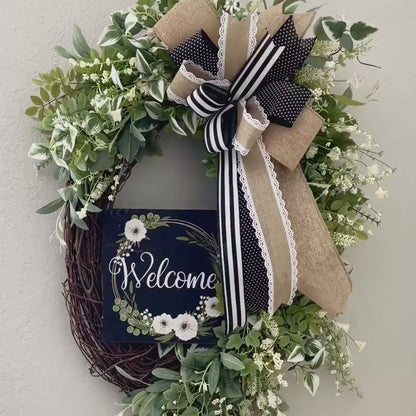 Everyday Wreath for Front Door, Farmhouse Welcome Wreath, Neutral Wreath, Greenery Wreath Decor, All Year Decorations, Year Round Decor