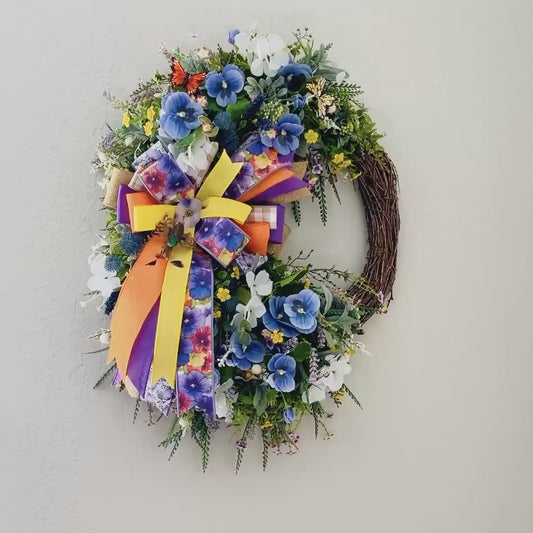 Everyday Wreath for front door with Purple Pansies White Hydrangeas Orange Butterflies. Floral Home Decor Spring Decorations Hummingbird
