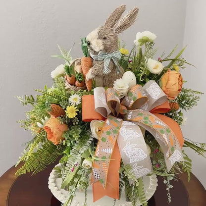 Easter Table Decor, floral centerpiece with Easter bunny, Farmhouse-style Easter table decorations, Rustic Easter bunny decor ideas
