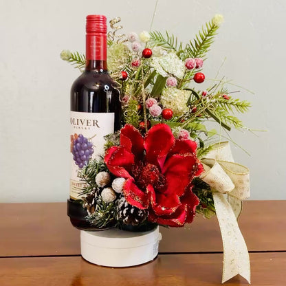 Holiday Wine Bottle Centerpiece – Christmas Floral Gift for Teacher or Coworker | Elegant Red Velvet Flower Arrangement for Home or Office