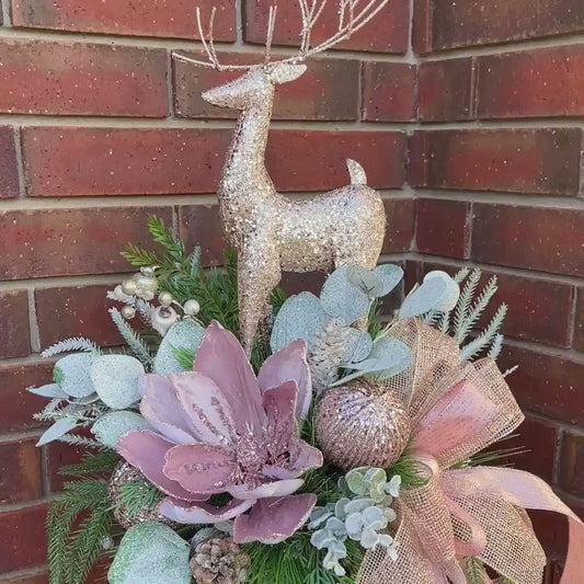 Deer Candle Stick Centerpiece Elegant Christmas Décor with Pink Poinsettia for Entry Way or Tabletop Arrangement Holiday Decorations