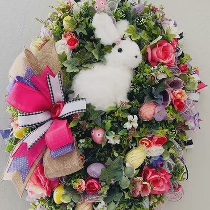 Easter Wreath for front door White Bunny Rabbit Decorations  Gift Home Office Decor Handmade Indoor Outdoor Door Hanger